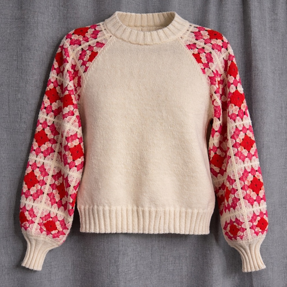 Bunulu Women’s Small Cream Sweater Crochet Granny Square Sleeves Boho Wool Blend - Picture 1 of 10